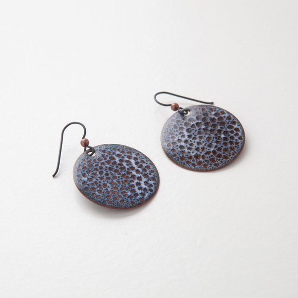 Handmade Copper Enamel Earrings Pierced Dangle Round Boho Rustic Handcrafted - Picture 7 of 11